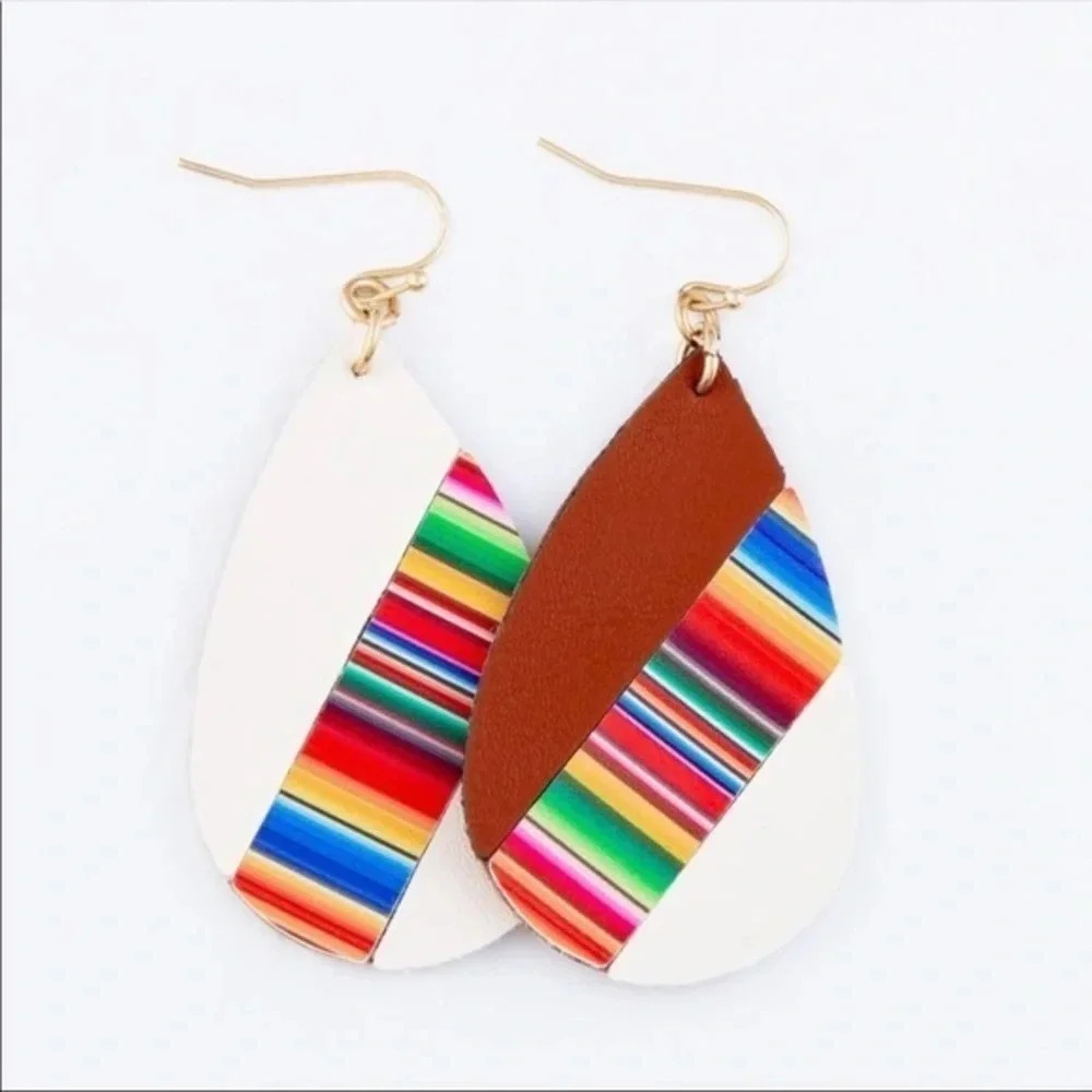 Boutique Western boho Faux Leather Serape Stripe Teardrop Earrings